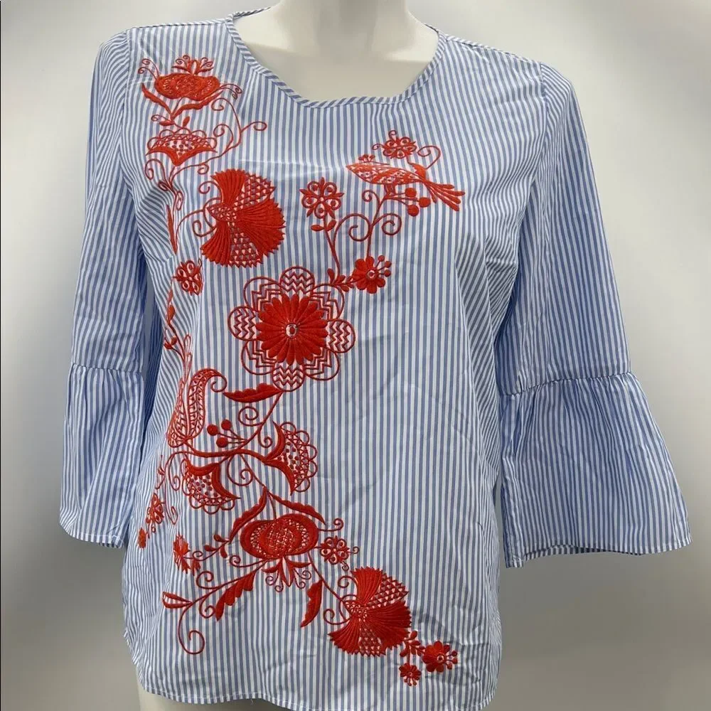 Crown & Ivy Blue Striped Blouse with Orange Floral Design